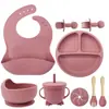 Conjunto de Louça de Silicone Infantil Transfronteiriço Babador Prato Tigela Colher Garfo Copo de Água Copo com Canudo Conjunto de 8 Peças