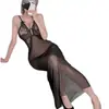 Lingerie Sexy de Tao Nai'Er, Vestido Longo Sedutor, Uniforme, Roxo Puro Desejo Bodycon Decote em V Profundo Camisola, Vestido Quente para Sedução