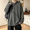 Camiseta Henley de Manga Longa com Padrão Espinha de Peixe Masculina Outono Estilo Old Money Design com Capuz Senso de Design Top Pulôver Solto