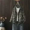 Chamarra con capucha a cuadros de bloques de color retro, cárdigan de gasa de doble capa holgado y extragrande para mujer, blusa de estilo casual