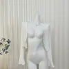 Traje de Vestido Largo de Tirantes Jacquard Elástico Blanco Francés con Encaje de Jim Knet