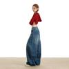 Jeans Vintage Azules Scimitar para Mujer, Novedad Otoño Cintura Alta Sueltos Estilo Americano Empalmados Hoz Versátiles Adelgazantes de Pierna Ancha