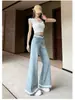 Calça Flare Jeans com Renda para Mulheres, Outono 2025 Nova Versátil Cintura Alta Patchwork Perna Larga Comprimento Total