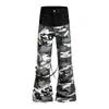 Pantalones de Campana Camuflaje Color-blocking Marca Trendy para Hombre Diseño de Flecos Punk Salpicaduras de Pintura Desgastados Pierna Ancha Largos Nicho