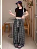 Pantalones casuales de verano para mujer de pierna ancha, tiro alto, estilo retro americano, a cuadros rectos, adelgazantes, versátiles, con cintura fruncida