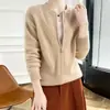 Top de cor sólida com design minimalista emagrecedor, estilo coreano, novo para o outono, gola redonda, cardigã de malha com zíper duplo, casaco feminino