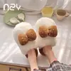 Touca de Tricô Doce com Laço para Mulheres, Inverno, Bolinhas, Bloco de Cores, Pantufas de Algodão para Casa, Sola Grossa, Pantufas Quentes com Forro de Lã