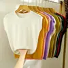 Camiseta de Manga Curta Feminina Nova Malha de Seda Gelo Verão Fina Mangas Ombro a Ombro Solta Look Emagrecedor Gola Redonda Blusa Base Top
