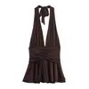 Vestido de moda con cuello halter, superventas estilo AliExpress, ropa para mujer europea y americana, mono transfronterizo, poliéster color café, ajustado a la cintura