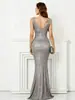 Vestido de Noite Longo com Lantejoulas Champagne de Verão 2026 Cauda de Sereia Ajustado ao Corpo Apresentador de Reunião Anual Vestido Elegante