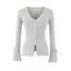 T404-26 Cardigan de Punto para Mujer, Estilo Coreano de Otoño, Corte Delgado, Fresco, Dulce, Cuello en V, Liso, Calado, Manga Campana, Manga Larga, Ropa de Abrigo