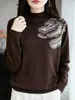 Suéter de Tricô Jacquard Estilo Francês para Mulheres, Novo Modelo 2026, Gola Meia-Alta, Peça Superior de Tricô Jacquard para Camadas de Nicho