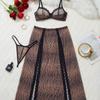 Conjunto Sexy de 3 Peças com Saia de Renda Leopardada Transparente com Fenda e Tanga - Estilo Europeu e Americano - Mais Vendido
