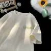 Camiseta Bordada de Manga Corta de Algodón Tencel para Hombre Verano Marca de Moda Hielo Pesado Seda Media Manga Holgada Versátil Cuello Redondo