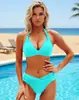 Nuevo traje de baño de dos piezas para mujer de Amazon, estilo europeo y americano, con diseño de cuello halter en bloques de color, corte de cintura alta y un conjunto de bikini sexy.