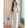 Impresionante y único vestido de lino con cuello para mujeres petite, con cintura entallada y un diseño de cintura ceñida estilo francés, perfecto para el verano