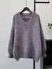 2025 Nuevo Otoño e Invierno Estilo Coreano Holgado Talla Grande Prendas de Punto Superior Cuello en V Color Sólido Estilo Perezoso Suéter de Punto Pulóver Tendencia para Mujer