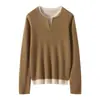 Suéter de Punto Versátil de Lana Merino 100% Superfina Hilo Fino Cuello Redondo en V Bloques de Color Suéter de Punto Falso de Dos Piezas para Mujer
