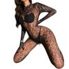Mono Sexy de Estampado de Leopardo Europeo y Americano de Cuello Alto con Espalda Descubierta Atrevida de Manga Larga de Malla Caliente Salvaje con Cortes de Tentación