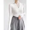 Suéter de punto para mujer con cuello en V, elegante top de punto ajustado de manga larga para otoño e invierno, hombro normal, negro, talla única