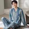 Pijama para Hombre, Algodón Puro, Nuevo Estilo Otoño e Invierno, Manga Larga, Pantalón Largo, Cárdigan con Solapa, Sencillo y Casual, Se Puede Usar Afuera como Ropa de Casa