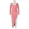 Amazon Ropa TransEuropea y Americana Otoño e Invierno 2024 Vestido Sexy de Terciopelo Dorado con Cuello Cuadrado y Abertura Alta Vestido Largo para Fiesta de Noche