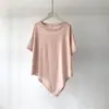 Camiseta de Algodão Cor Lisa Bainha Assimétrica Manga Curta Verão Feminina Solta Gola Redonda Cor Lisa Camiseta Básica Top Roupa Feminina