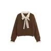 Abrigo Suéter Falso Dos Piezas con Solapa para Mujer 2026 Otoño/Invierno Nuevo Versátil Cardigan de Punto con Lazo de Encaje