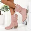 Botas de Moda de Media Caña Transfronterizas Europeas y Americanas para Mujer Talla Grande Retro Tacón Grueso Pie Fruncido Boca en V Caballero del Oeste