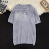 Brilhante Diqi Coreano Verão High-end Oco Cor Sólida Listrado Lapela Manga Curta Design de Nicho POLO Camisa T-shirt