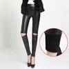 Moda Otoño e Invierno Nueva Simple Acolchados de Terciopelo Cuero Pantalones Ajustados de Lápiz Aspecto Adelgazante Leggings con Agujero en la Rodilla