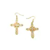 Pendientes de aro con cruz de diamantes de alto sentido de la moda europea y americana para mujer, personalidad, diseño creativo, pendientes huecos, joyería para la oreja, venta al por mayor