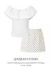 Conjunto Blanco Floral de una Sola Manga Corta para Mujer, Estilo Universitario de Verano, Conjunto Relajado de Dos Piezas, Falda Corta de Lunares Estilo Coreano