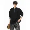 Sudadera de Peso Pesado con Bordado y Cuello Henley para Hombre, Primavera y Otoño, Estilo Americano, Corte Limpio, Manga Larga, Corte Holgado, Capa Base