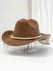 Explosiones Transfronterizas Moda Femenina Sombrero Británico Perla Cinta Vintage Decoración de Borla de Pedrería Adecuado para Fiesta de Luna de Miel