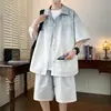 L-9XL Verano Nuevo Talla Grande Traje de Shorts de Manga Corta de Seda Helada para Hombres, Deportivo Casual, Holgado, Transpirable, Estampado y Teñido Degradado
