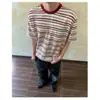 Camiseta de Manga Corta a Rayas y Bloques de Color Estilo Americano High Street Unisex Marca de Moda Holgada Casual Versátil Top de Manga Tres Cuartos