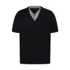W020 Suéter Unisex Estilo Retro Americano Old Money con Diseño Falso de Dos Piezas, Camiseta Holgada de Manga Corta para Hombre Streetwear