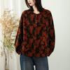 Camisa de primavera nueva vintage de algodón y lino con cuello redondo y estampado, cárdigan de manga larga que combina con todo, camisa informal holgada para mujer.