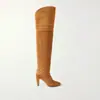 Botas de Salto Alto Bico Fino em Camurça Damasco 2023 Novas Elásticas Slim Acima do Joelho Salto Grosso Botas Altas