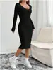 En Stock Europeo y Americano Comercio Transfronterizo Comercio Exterior Primavera, Otoño e Invierno Amazon Aliexpress Vestido de Punto Bodycon Elegante de Manga Larga