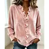Nueva moda europea y americana de otoño/invierno para mujer, blusa de manga larga con volantes, top de manga larga de terciopelo liso, simple y elegante
