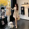 Elegante vestido de punto chic estilo Hong Kong para joven, con cuello de corbata, falda de paraguas abullonada plisada, otoño e invierno