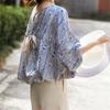 Top Nuevo de Verano que Cubre el Vientre para Mujer, Refrescante, Holgado, Manga Murciélago, Espalda con Cordones y Lazo, Camisa Floral