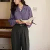 Camisa Feminina Retro Francesa de Tencel com Gola Cubana, Mangas Longas Soltas, Nova para a Primavera, Versátil e Elegante
