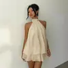 Vestido de color liso versátil, ajustado, de moda, sexy, sin espalda, cuello halter, con cinturón, para vacaciones transfronterizas europeas y americanas
