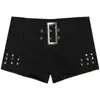 Com CintoEstilo Garota Quente Design com Tachas Shorts Jeans para Mulheres, Jeans Stretch da Moda de Cintura Baixa para o Verão