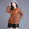 A Melhor Versão de Wansheng! Jaqueta de Couro Justa com Ajuste na Cintura por Cordão, Trench Coat Curto Solto