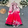 Vestido Plissado Estampado com Contas de Alto Padrão Estilo Europeu e Americano para Mulheres, Vestido Longo Plissado Gradiente Estilo Coreano com Botões de Pérola para o Trabalho
