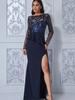 Vestuário feminino europeu e americano transfronteiriço nova cintura babada manga comprida lantejoulas transparentes Sexy Slim vestido de comprimento dividido